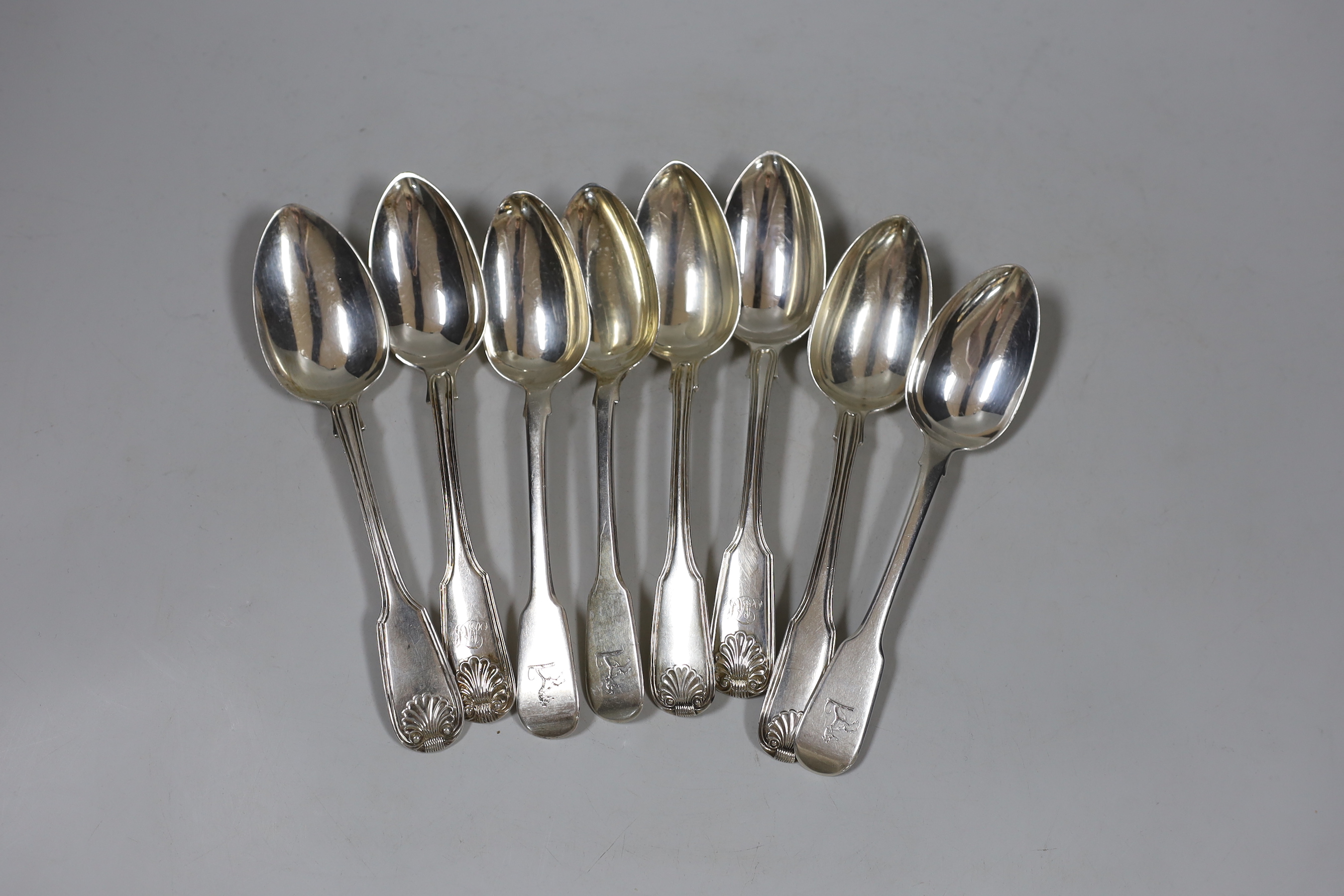 Eight assorted 19th century silver dessert spoons, various patterns, dates and makers, 11.9oz.